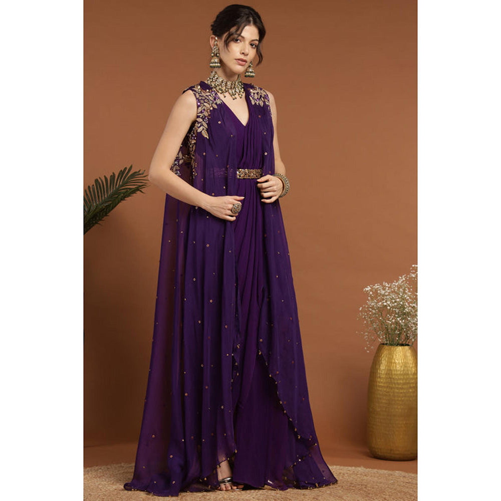 RIRASA Anjana Purple Cape With Belt And Palazzo