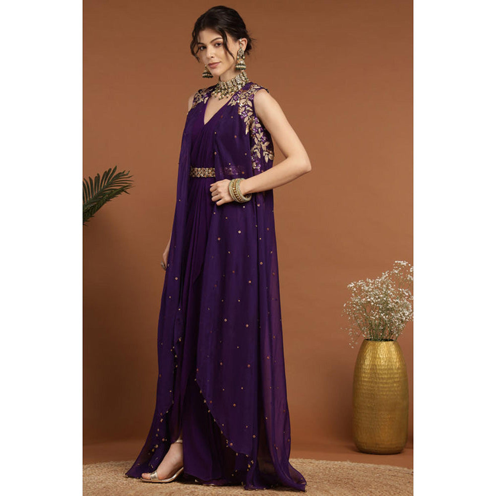 RIRASA Anjana Purple Cape With Belt And Palazzo
