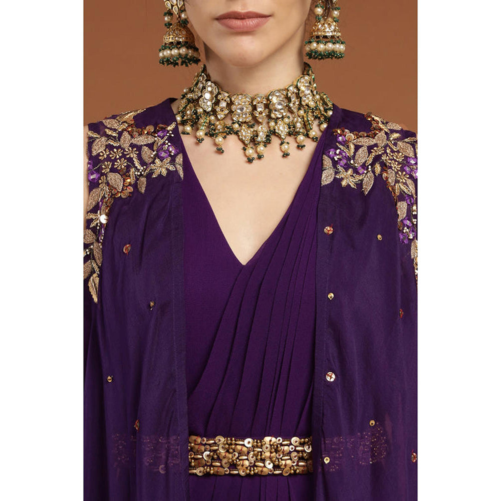 RIRASA Anjana Purple Cape With Belt And Palazzo