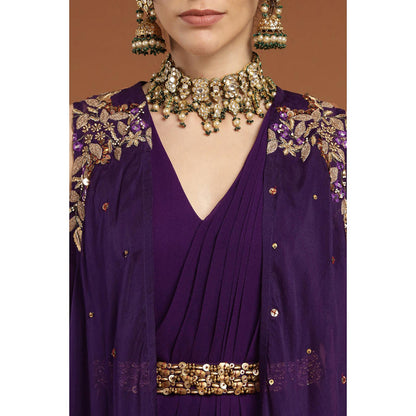 RIRASA Anjana Purple Cape With Belt And Palazzo