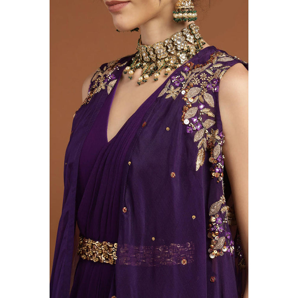 RIRASA Anjana Purple Cape With Belt And Palazzo