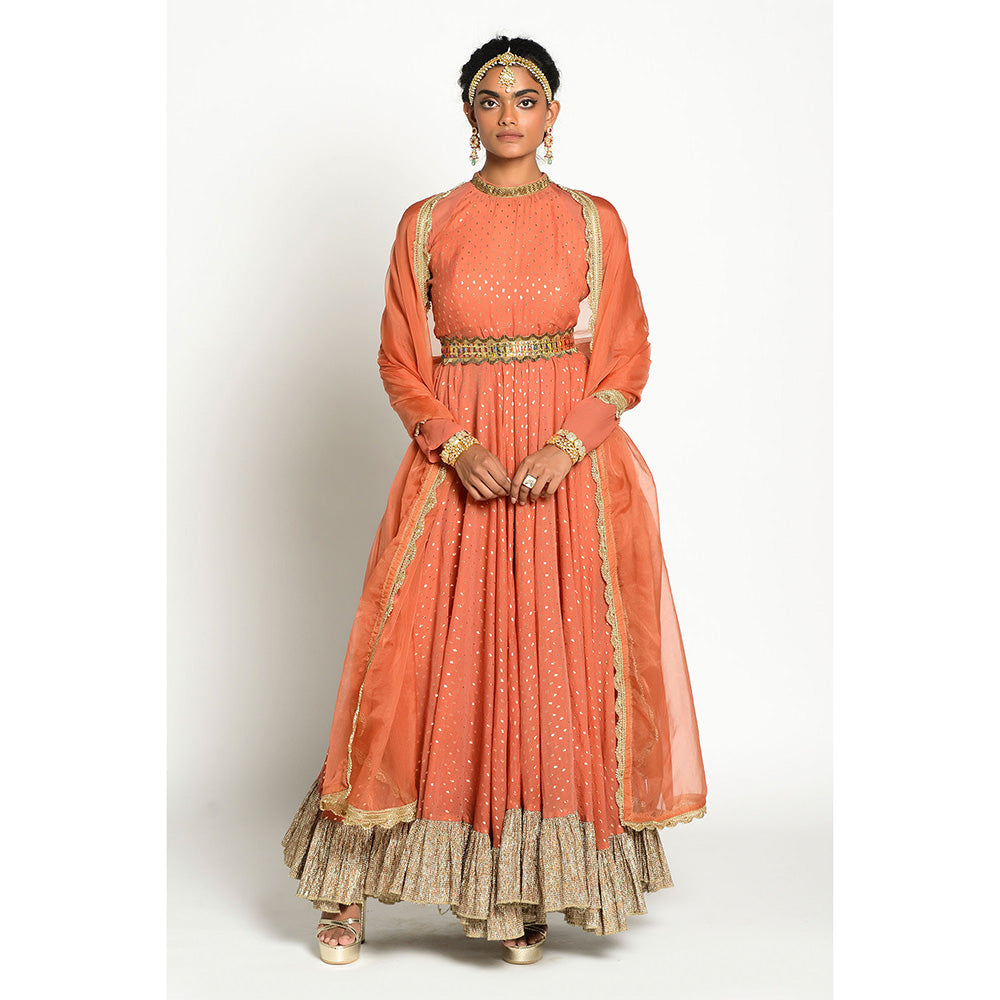 RISHI & VIBHUTI Noori Anarkali and Organza Duppata with Belt (Set of 3)