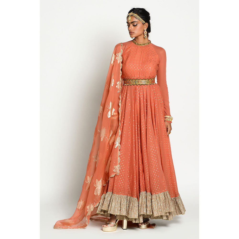 RISHI & VIBHUTI Noori Anarkali and Organza Duppata with Belt (Set of 3)