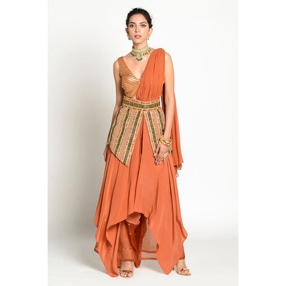 RISHI & VIBHUTI Imtehaan Drape Dress with Pant (Set of 3)