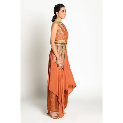 RISHI & VIBHUTI Imtehaan Drape Dress with Pant (Set of 3)