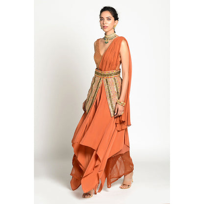 RISHI & VIBHUTI Imtehaan Drape Dress with Pant (Set of 3)