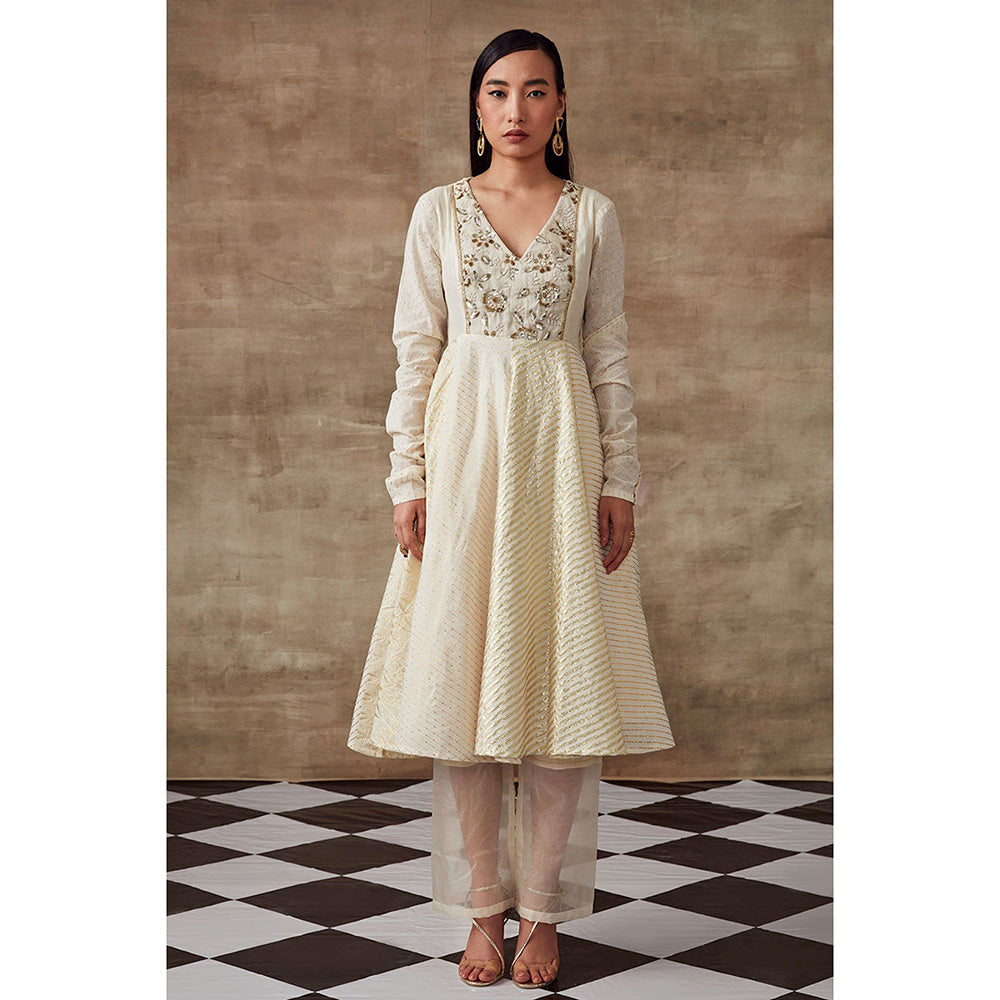 RISHI & VIBHUTI Golden Shower Anarkali Kurta with Pant Ivory (Set of 2)