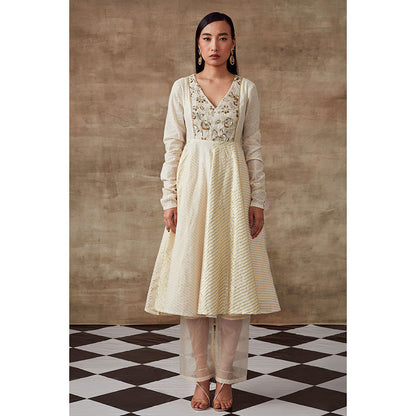 RISHI & VIBHUTI Golden Shower Anarkali Kurta with Pant Ivory (Set of 2)
