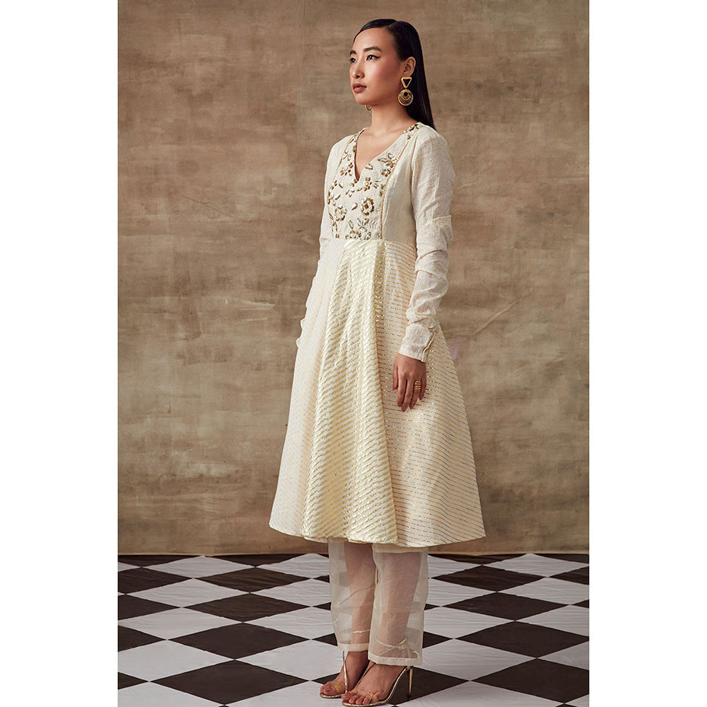 RISHI & VIBHUTI Golden Shower Anarkali Kurta with Pant Ivory (Set of 2)