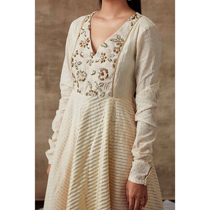 RISHI & VIBHUTI Golden Shower Anarkali Kurta with Pant Ivory (Set of 2)