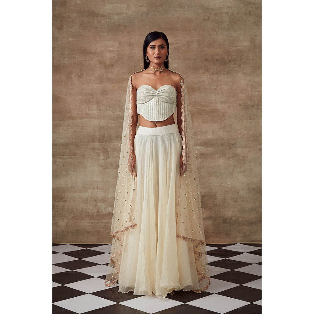 RISHI & VIBHUTI Frozen Foiled Corset Top Skirt with Dupatta Ivory (Set of 3)