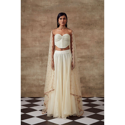 RISHI & VIBHUTI Frozen Foiled Corset Top Skirt with Dupatta Ivory (Set of 3)