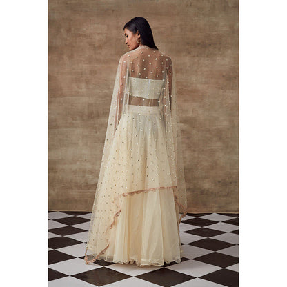 RISHI & VIBHUTI Frozen Foiled Corset Top Skirt with Dupatta Ivory (Set of 3)