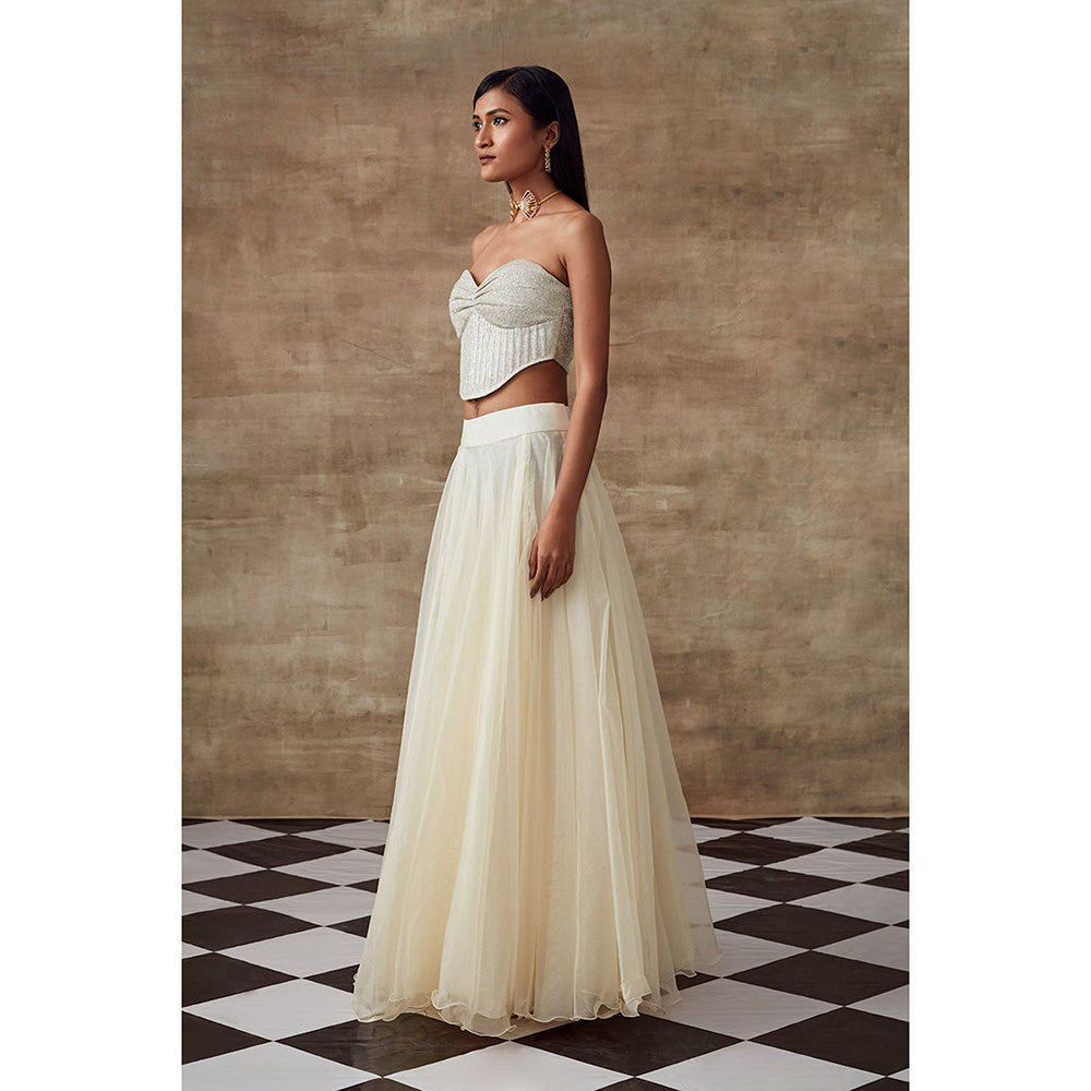 RISHI & VIBHUTI Frozen Foiled Corset Top Skirt with Dupatta Ivory (Set of 3)