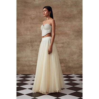 RISHI & VIBHUTI Frozen Foiled Corset Top Skirt with Dupatta Ivory (Set of 3)