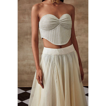 RISHI & VIBHUTI Frozen Foiled Corset Top Skirt with Dupatta Ivory (Set of 3)