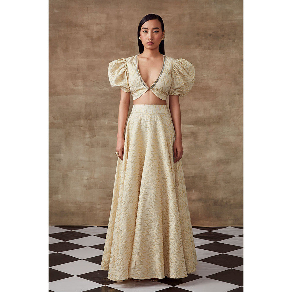 RISHI & VIBHUTI Periwinkle Geometrical Blouse & Skirt Ivory (Set of 2)