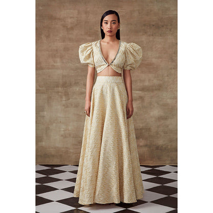 RISHI & VIBHUTI Periwinkle Geometrical Blouse & Skirt Ivory (Set of 2)