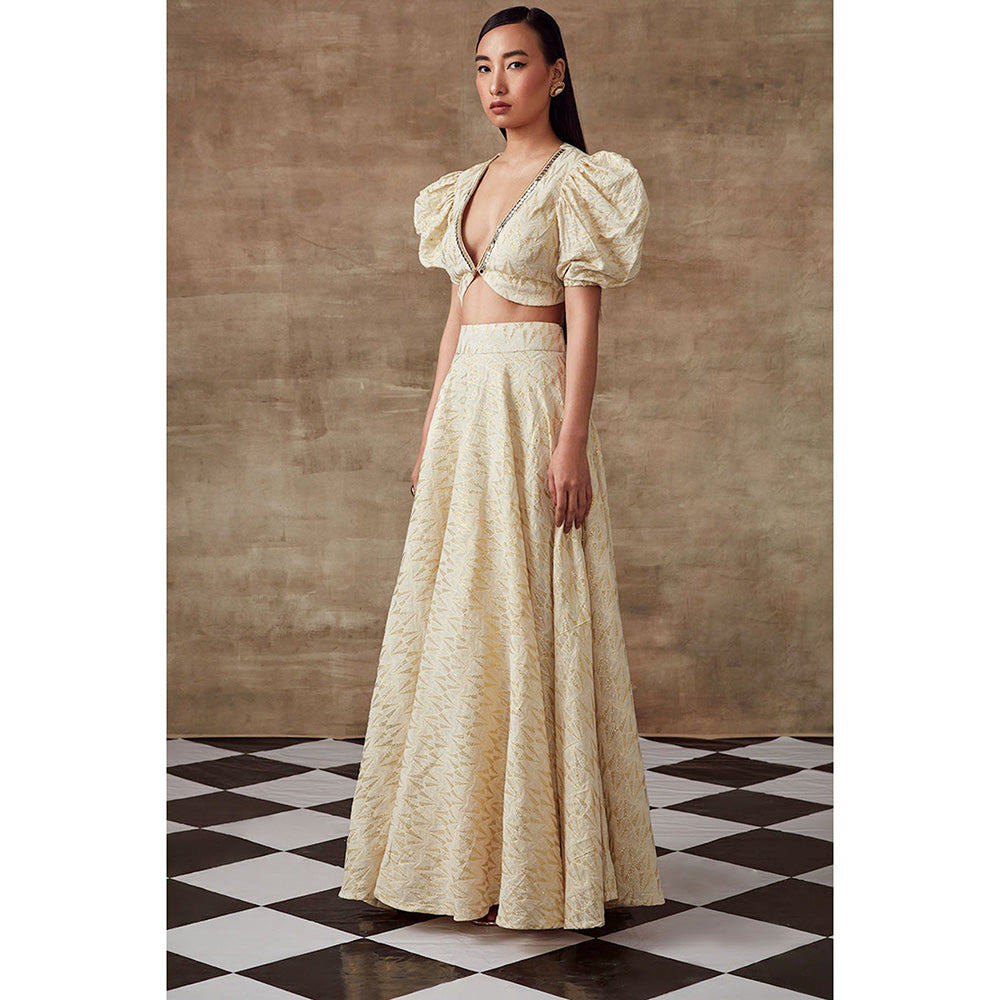 RISHI & VIBHUTI Periwinkle Geometrical Blouse & Skirt Ivory (Set of 2)