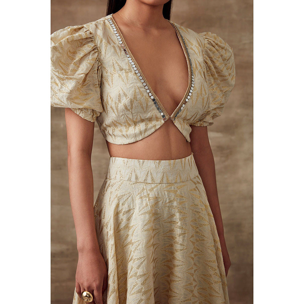 RISHI & VIBHUTI Periwinkle Geometrical Blouse & Skirt Ivory (Set of 2)