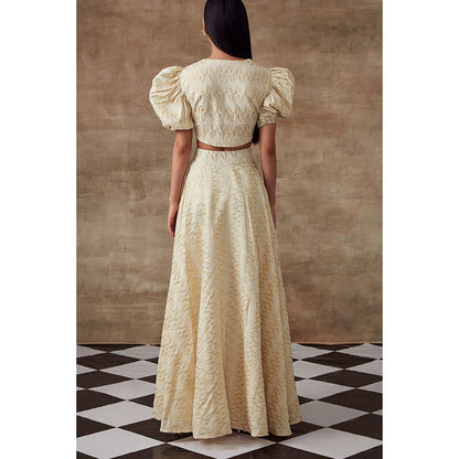 RISHI & VIBHUTI Periwinkle Geometrical Blouse & Skirt Ivory (Set of 2)