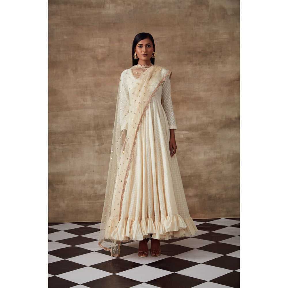 RISHI & VIBHUTI Sweet Pea Anarkali Kurta & Dupatta Ivory (Set of 2)