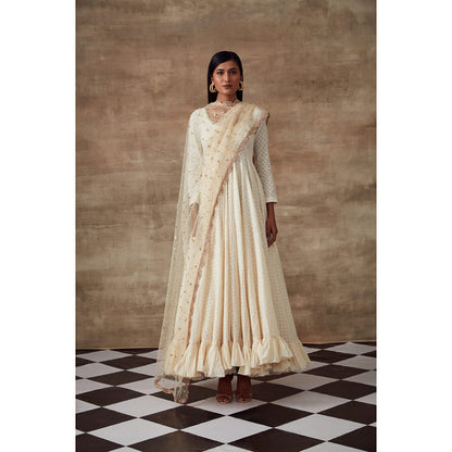 RISHI & VIBHUTI Sweet Pea Anarkali Kurta & Dupatta Ivory (Set of 2)