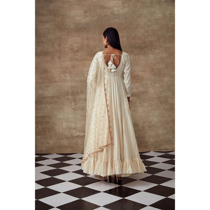 RISHI & VIBHUTI Sweet Pea Anarkali Kurta & Dupatta Ivory (Set of 2)