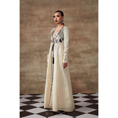 RISHI & VIBHUTI Moonbeam Anarkali Kimono Jacket with Bustier Ivory (Set of 2)