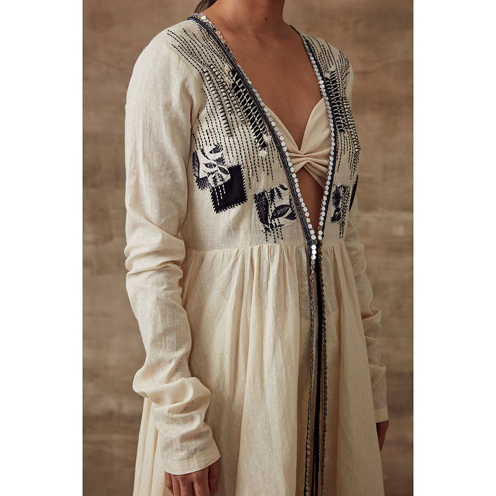 RISHI & VIBHUTI Moonbeam Anarkali Kimono Jacket with Bustier Ivory (Set of 2)