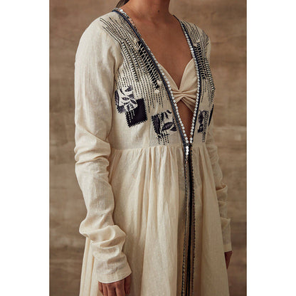 RISHI & VIBHUTI Moonbeam Anarkali Kimono Jacket with Bustier Ivory (Set of 2)