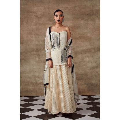 RISHI & VIBHUTI Ivory Circular Kurti Skirt Dupatta (Set of 3)