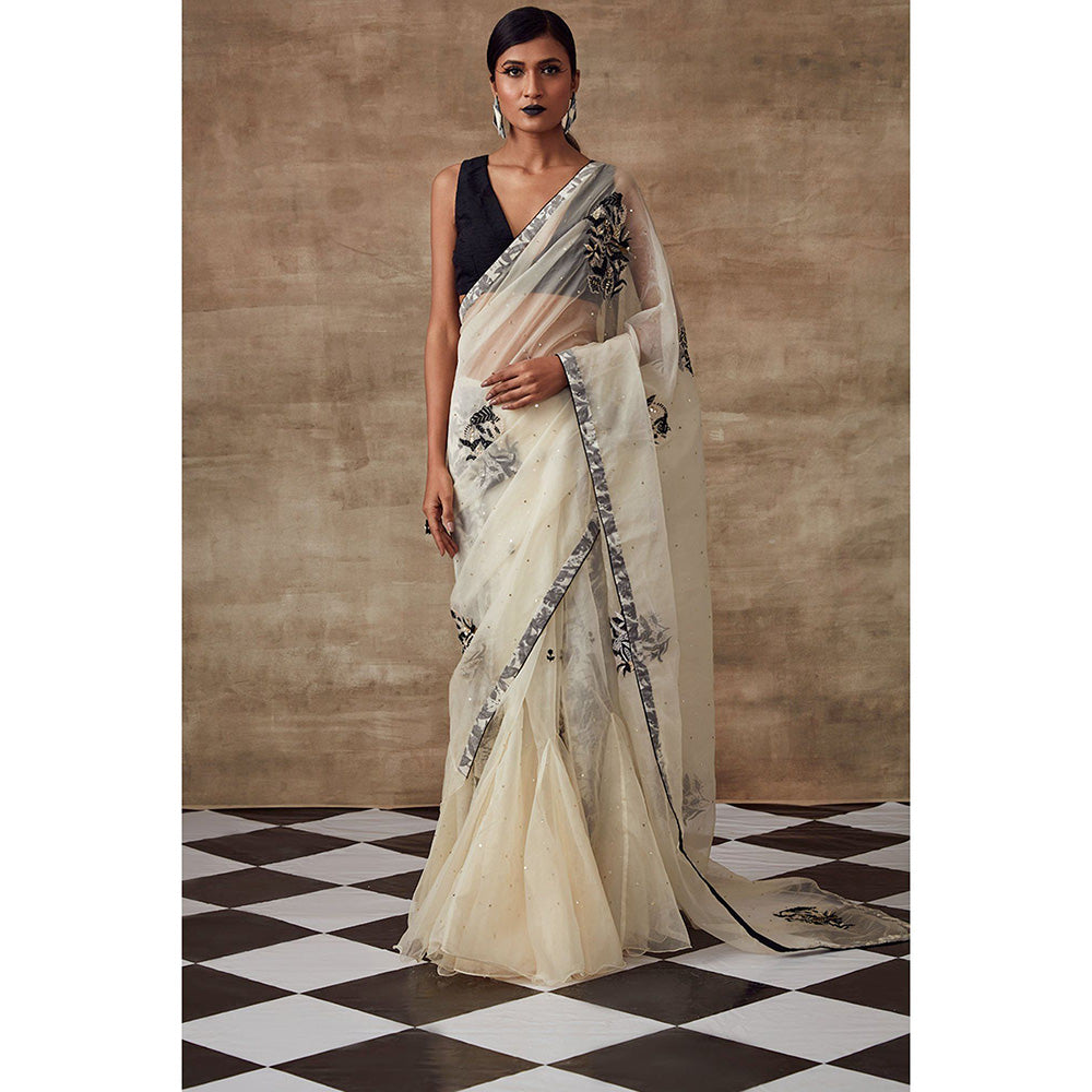RISHI & VIBHUTI Nm Six Yards Organza Saree Ivory with Stitched Blouse