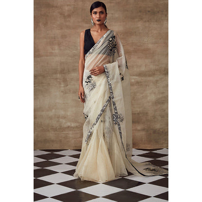 RISHI & VIBHUTI Nm Six Yards Organza Saree Ivory with Stitched Blouse