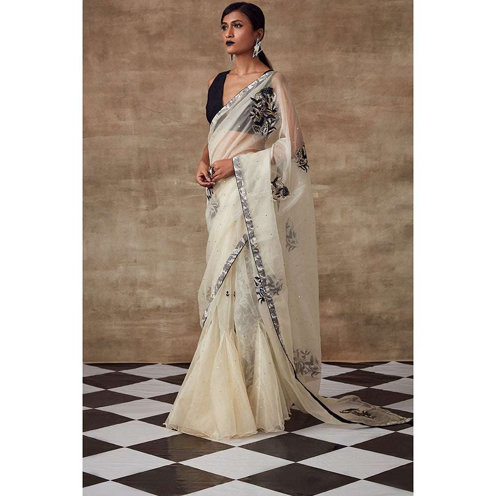 RISHI & VIBHUTI Nm Six Yards Organza Saree Ivory with Stitched Blouse
