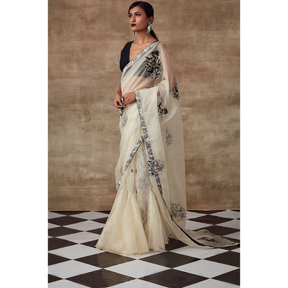 RISHI & VIBHUTI Nm Six Yards Organza Saree Ivory with Stitched Blouse