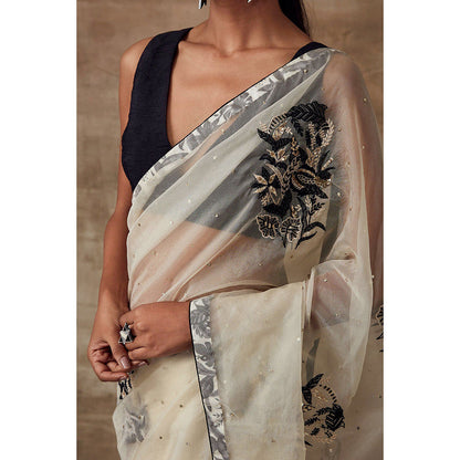 RISHI & VIBHUTI Nm Six Yards Organza Saree Ivory with Stitched Blouse