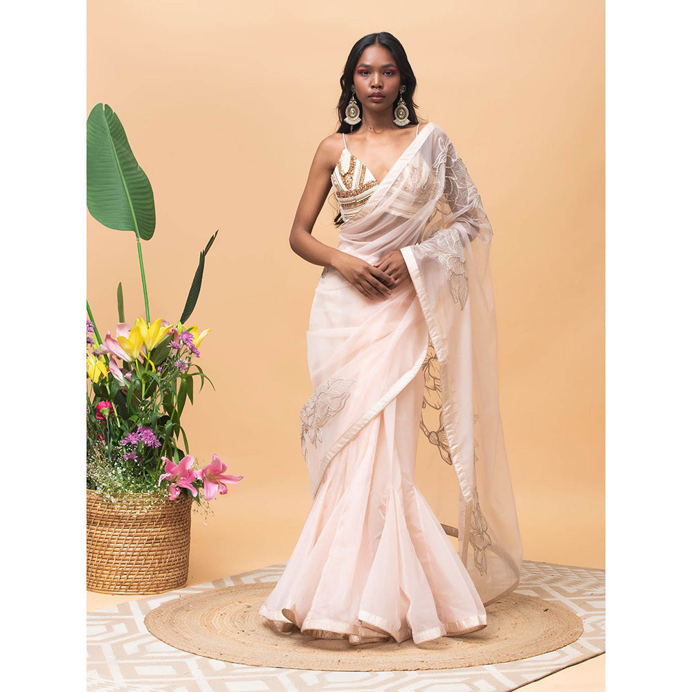 RISHI & VIBHUTI Millie Rose Pink Saree with Stitched Blouse