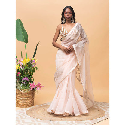 RISHI & VIBHUTI Millie Rose Pink Saree with Stitched Blouse