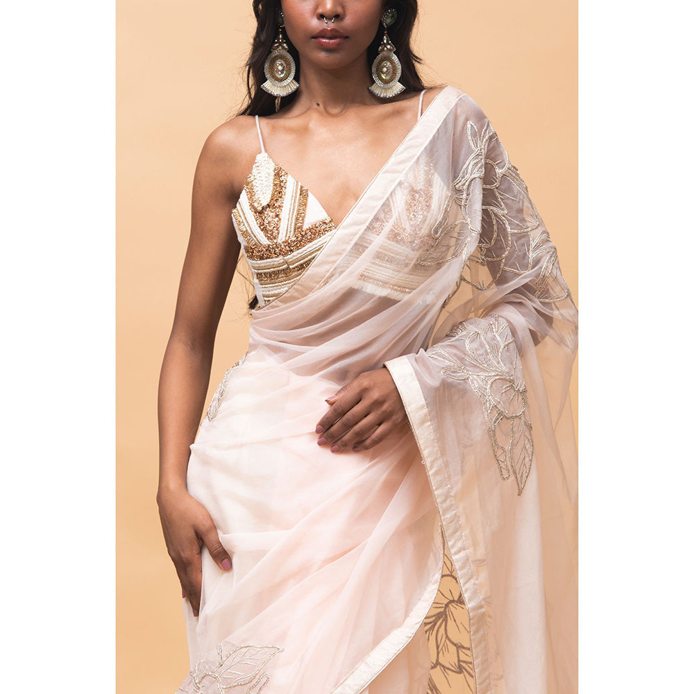 RISHI & VIBHUTI Millie Rose Pink Saree with Stitched Blouse