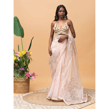 RISHI & VIBHUTI Millie Rose Pink Saree with Stitched Blouse