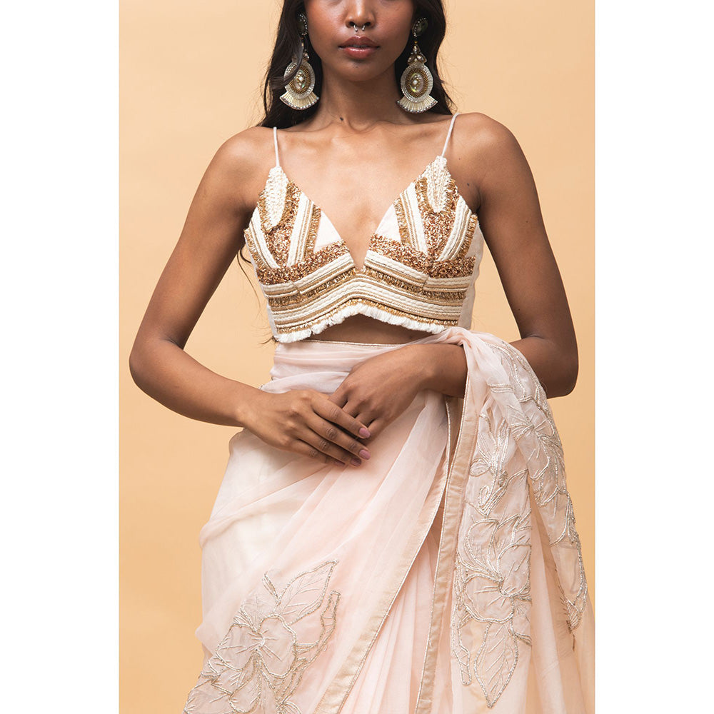 RISHI & VIBHUTI Millie Rose Pink Saree with Stitched Blouse