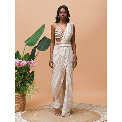 RISHI & VIBHUTI Delilah Rose Gold Belt Saree with Stitched Blouse