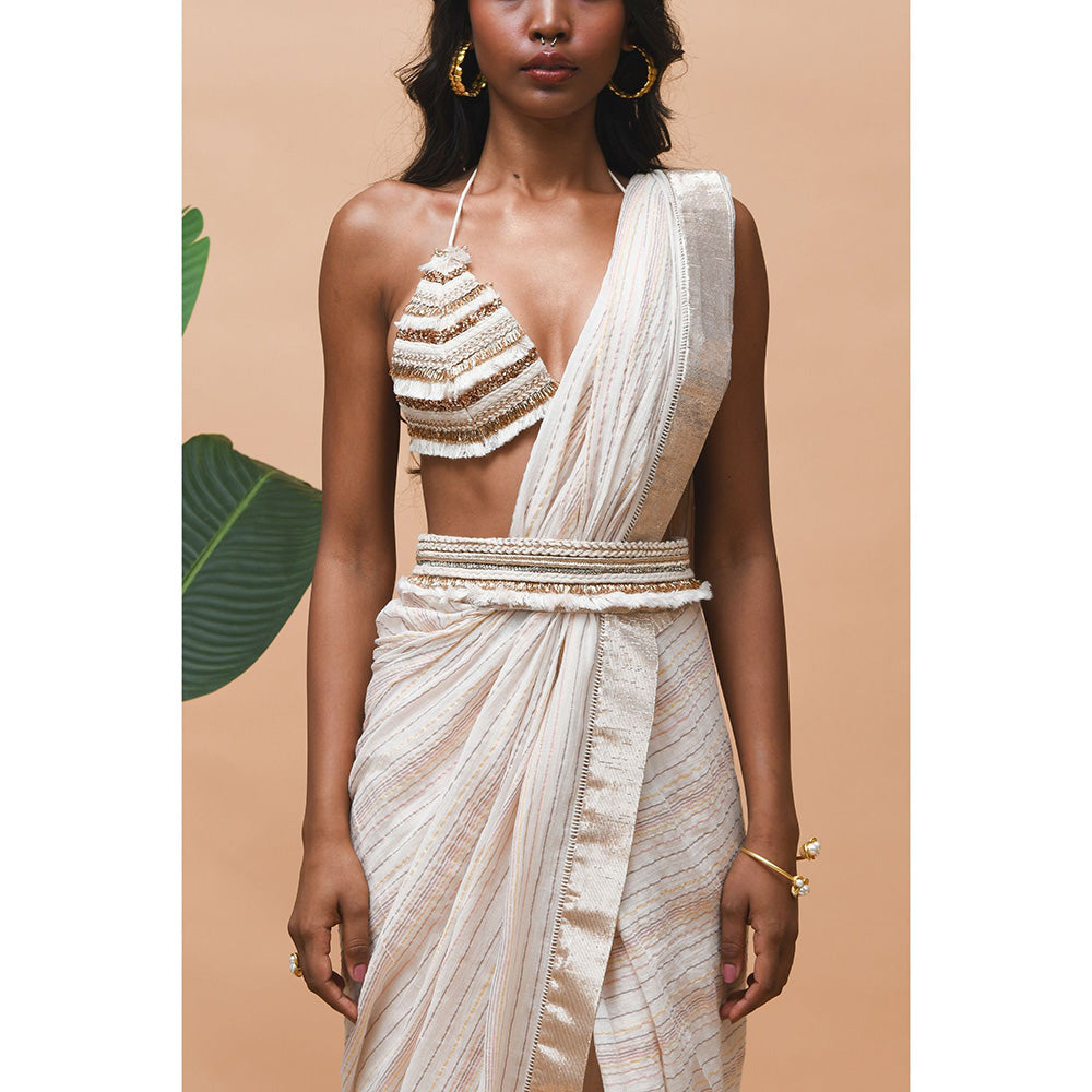 RISHI & VIBHUTI Delilah Rose Gold Belt Saree with Stitched Blouse