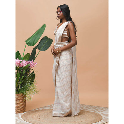 RISHI & VIBHUTI Delilah Rose Gold Belt Saree with Stitched Blouse