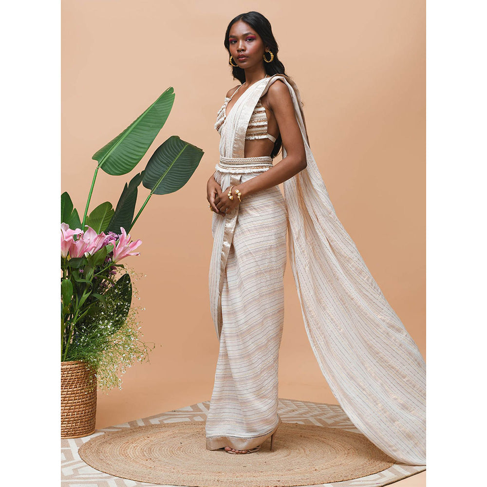 RISHI & VIBHUTI Delilah Rose Gold Belt Saree with Stitched Blouse