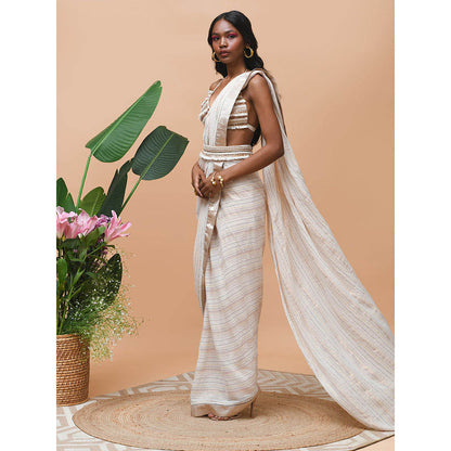 RISHI & VIBHUTI Delilah Rose Gold Belt Saree with Stitched Blouse