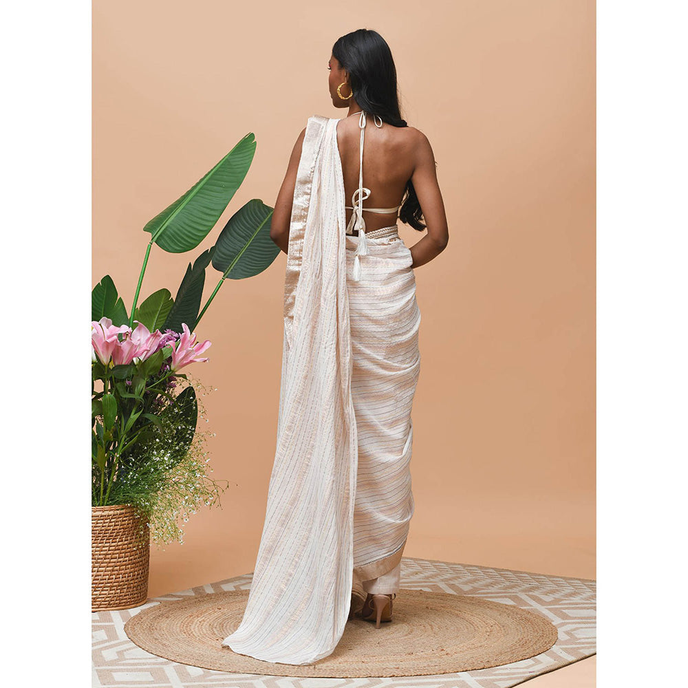 RISHI & VIBHUTI Delilah Rose Gold Belt Saree with Stitched Blouse