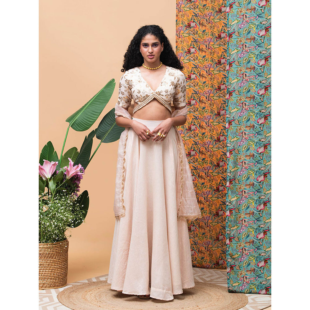 RISHI & VIBHUTI Flora Fern Ivory Lehenga (Set of 3)