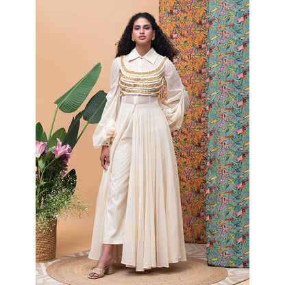 RISHI & VIBHUTI Kellen Ivory Blouse & Pant (Set of 3)